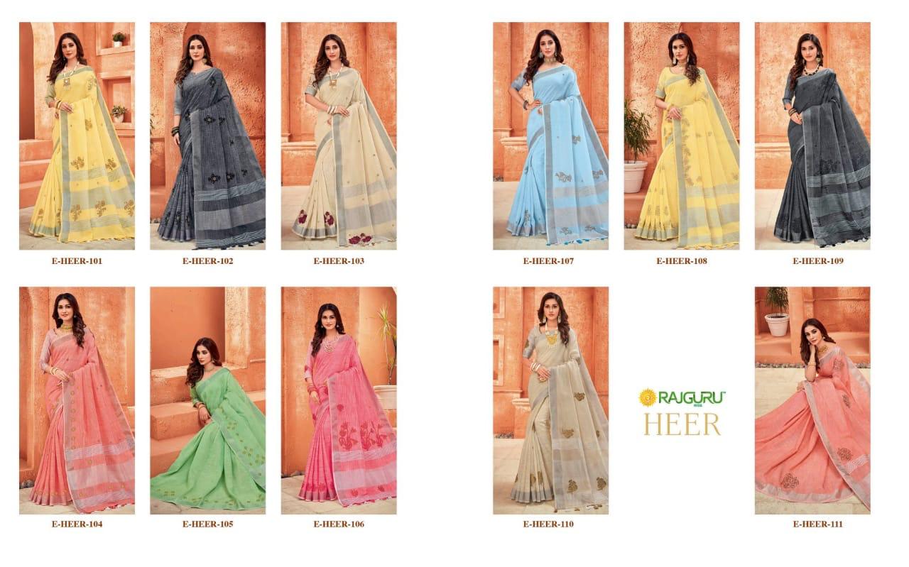 Rajguru Presents Heer 101 To 111  Beautiful Designers Linen With Swarovski Diamond Work Sarees Catalogue Wholesaler