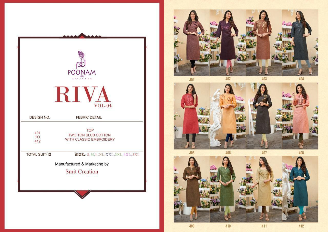 Poonam Designer Preserns Riva Vol-4 Daily Wear Cotton Fancy Straight Kurtis Catalog Wholesaler