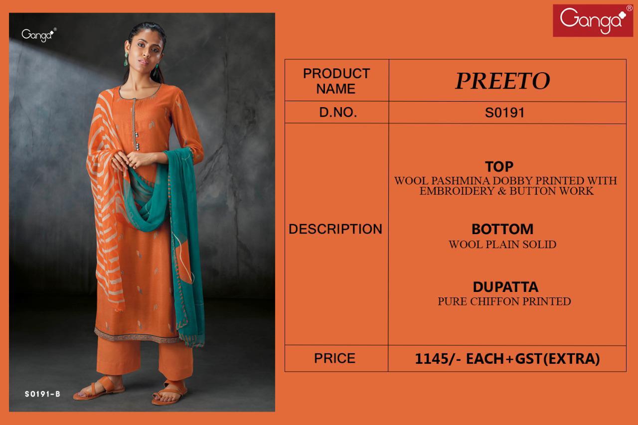 Ganga Presents Preeto 191 Pure Wool Pashmina Digital Printed With Embroidery Work Plazzo Style Salwar Suit Catalogue Wholesaler