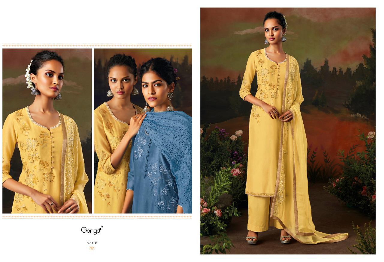 Ganga Presents Garden Of Bird Pure Kora Silk With Embroidery Work And Swarovski Diamond Work Plazzo Style Salwar Suit Catalog Wholesaler
