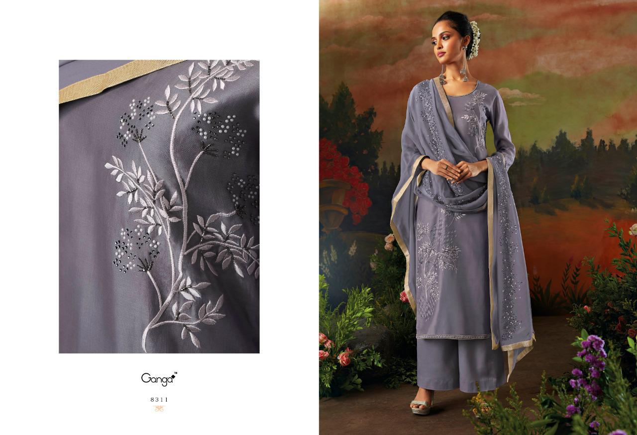 Ganga Presents Garden Of Bird Pure Kora Silk With Embroidery Work And Swarovski Diamond Work Plazzo Style Salwar Suit Catalog Wholesaler