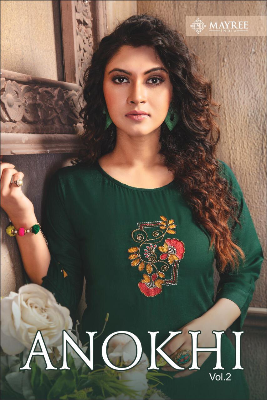 Mayree India Presents Anokhi Vol-2 Rayon Embroidery Work Kurtis With Pents Collection At Wholesale