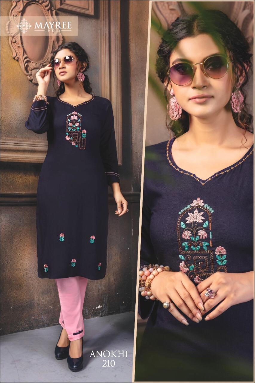Mayree India Presents Anokhi Vol-2 Rayon Embroidery Work Kurtis With Pents Collection At Wholesale