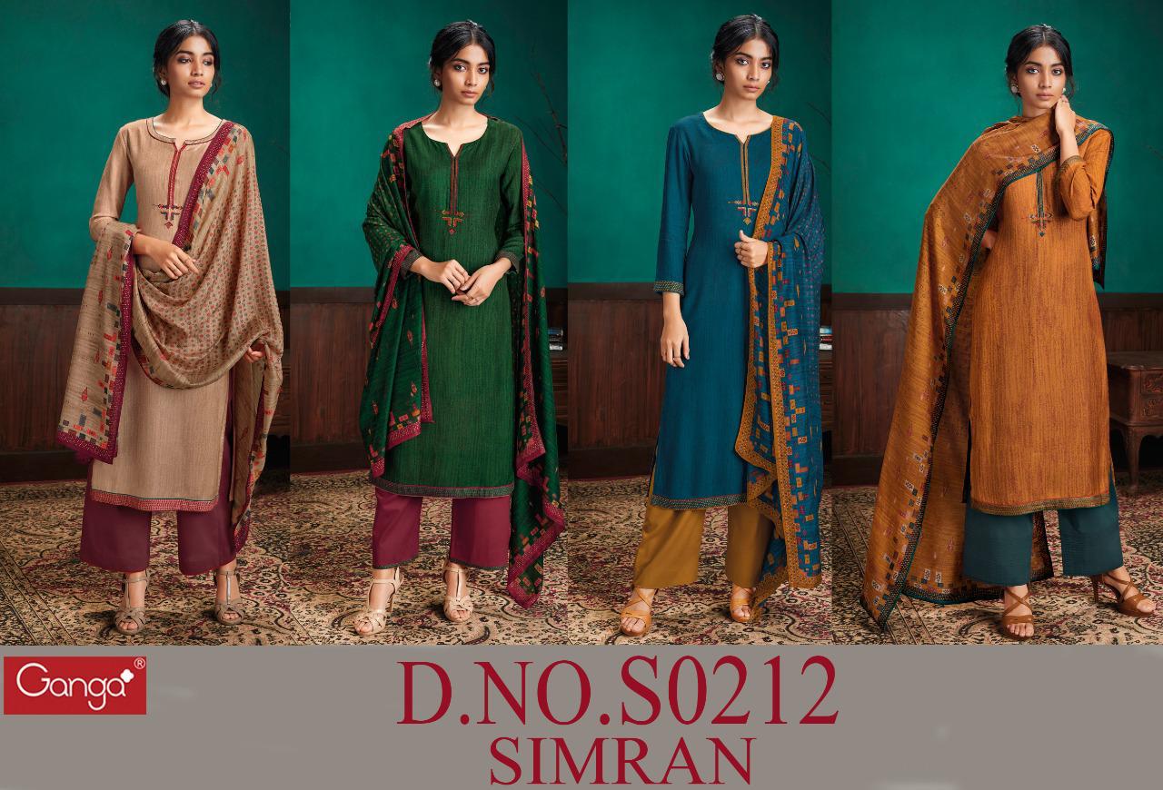 Ganga Presents Simran 212 Wool Duby Solid With Embroidery Work Printed Plazzo Style Salwar Suit Catalog Wholesaler