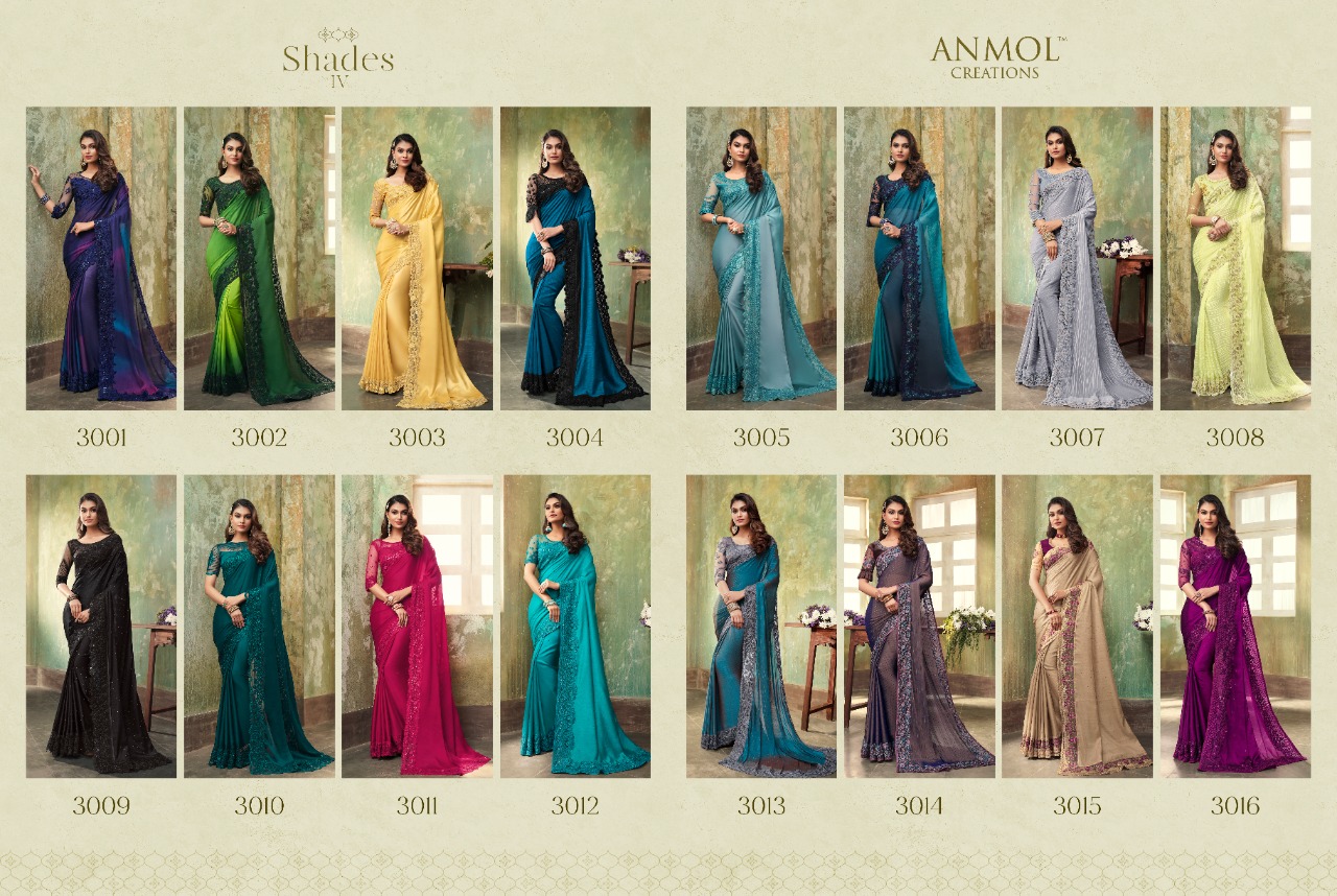 Anmol Presents Shaded Vol-4 3001 To 3016 Series Heavy Designer Blouse Concept Partywear Sarees Catalogue Wholesaler And Exporters