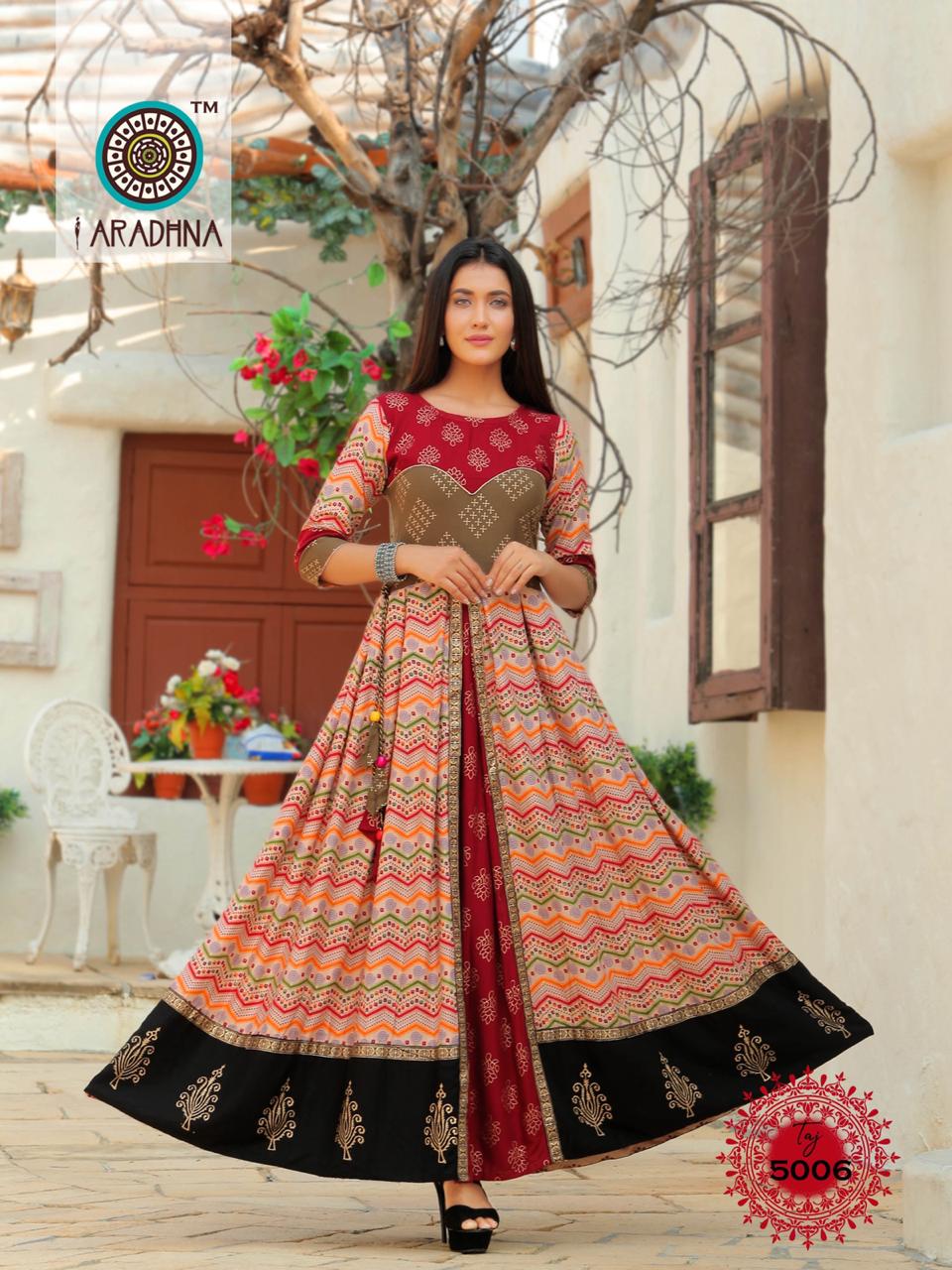 Aradhna Presents Taj Vol-5 Heavy Rayon With Embroidery Work Gown Style Kurtis Catalog Wholesaler