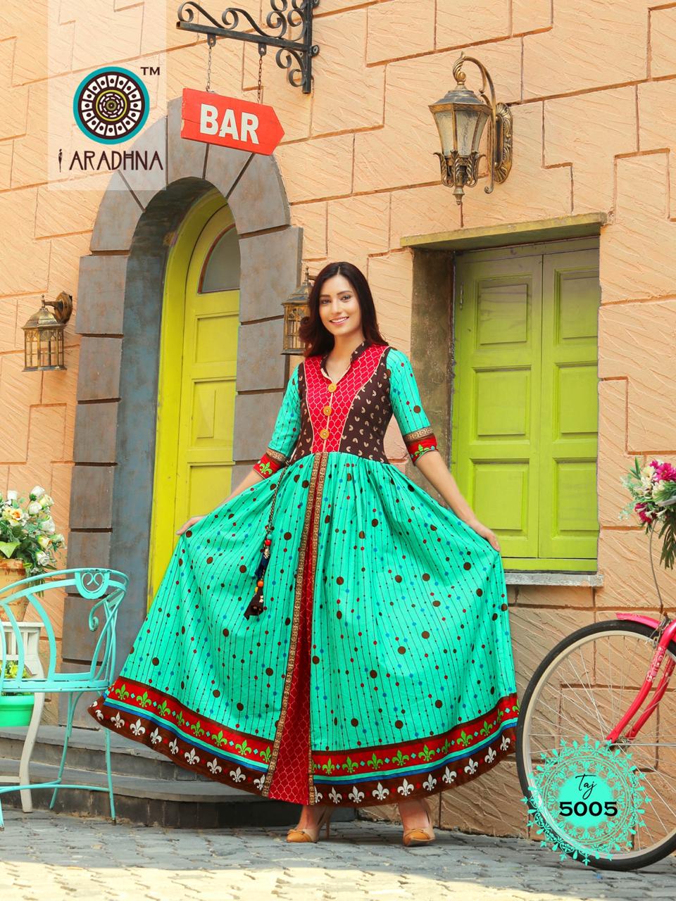 Aradhna Presents Taj Vol-5 Heavy Rayon With Embroidery Work Gown Style Kurtis Catalog Wholesaler