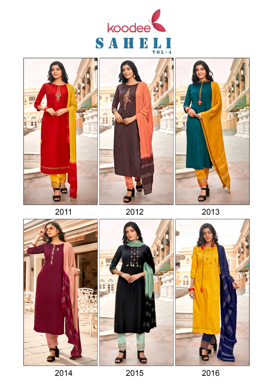 Koodee Presents Saheli Vol-4 Chinon Beautiful Designer Kurtis With Pant Cataloge Collection