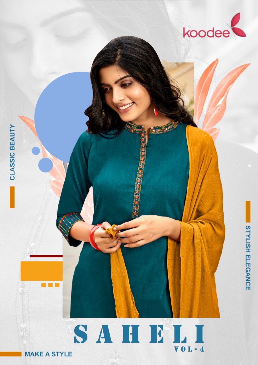 Koodee Presents Saheli Vol-4 Chinon Beautiful Designer Kurtis With Pant Cataloge Collection