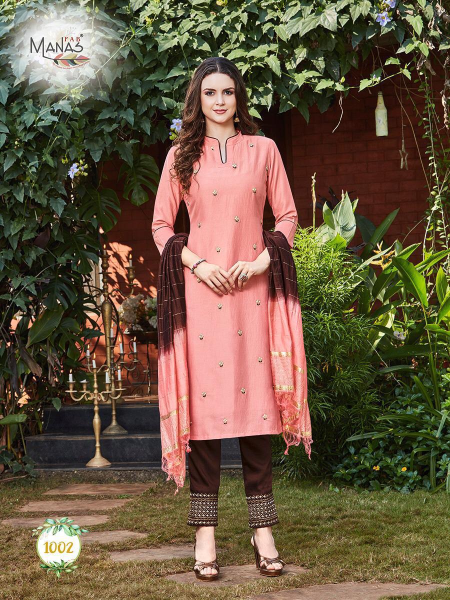 Manas Presents Delight Chinon Silk Embroidery Work Kurtis Cataloge Wholesaler