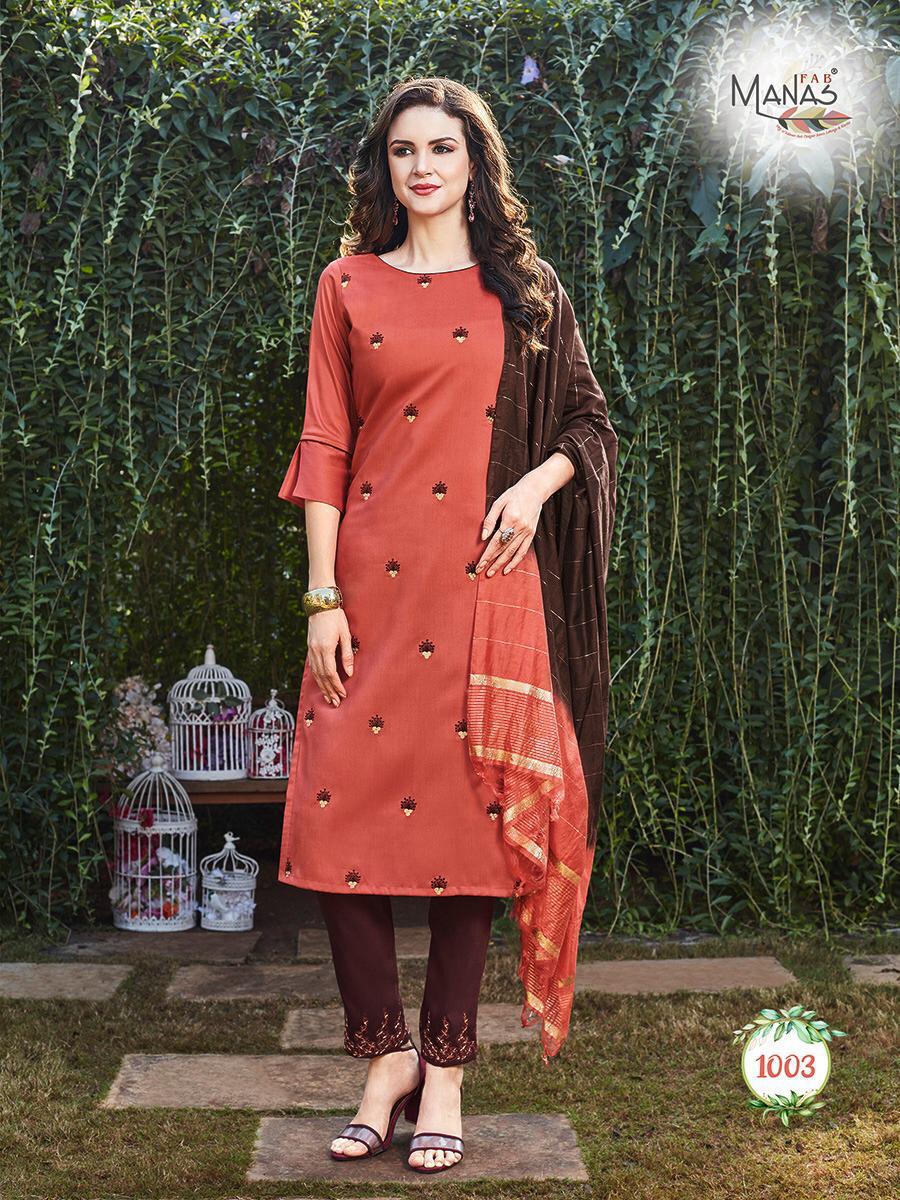 Manas Presents Delight Chinon Silk Embroidery Work Kurtis Cataloge Wholesaler