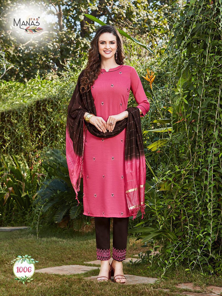 Manas Presents Delight Chinon Silk Embroidery Work Straight Kurtis With Pants And Dupatta Collection At Wholesale Prices In Surat