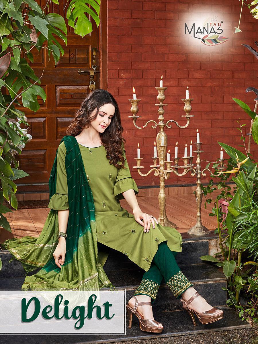 Manas Presents Delight Chinon Silk Embroidery Work Straight Kurtis With Pants And Dupatta Collection At Wholesale Prices In Surat