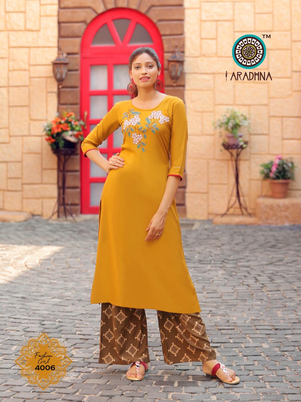 Aradhana Presents Fashion Girl Vol-4 Heavy Rayon With Embroidery Work Kurtis With Plazzo Collection At Wholesale Prices