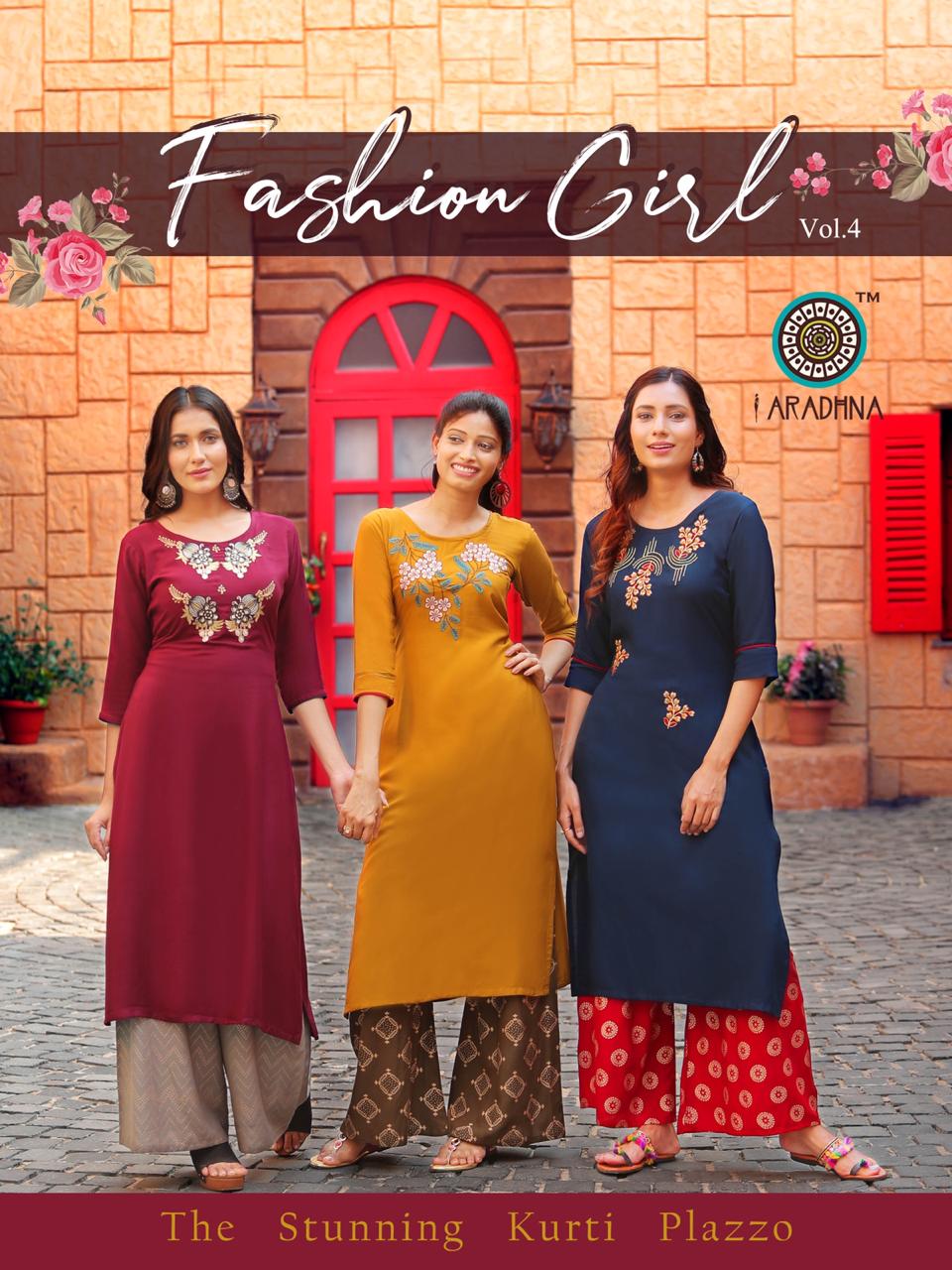 Aradhana Presents Fashion Girl Vol-4 Heavy Rayon With Embroidery Work Kurtis With Plazzo Collection At Wholesale Prices