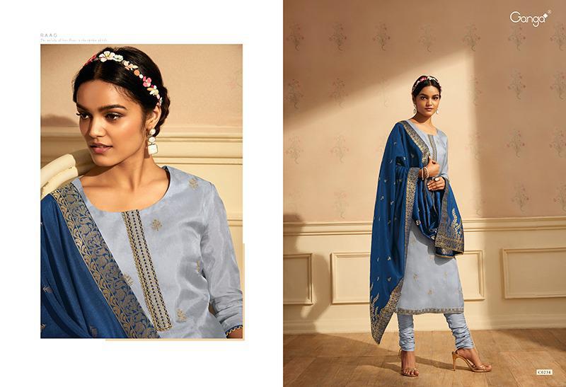 Ganga Presents Raag Pure Silk With Habutai With Embroidery And Handwork Designer Salwar Suit Catalogue Wholesaler