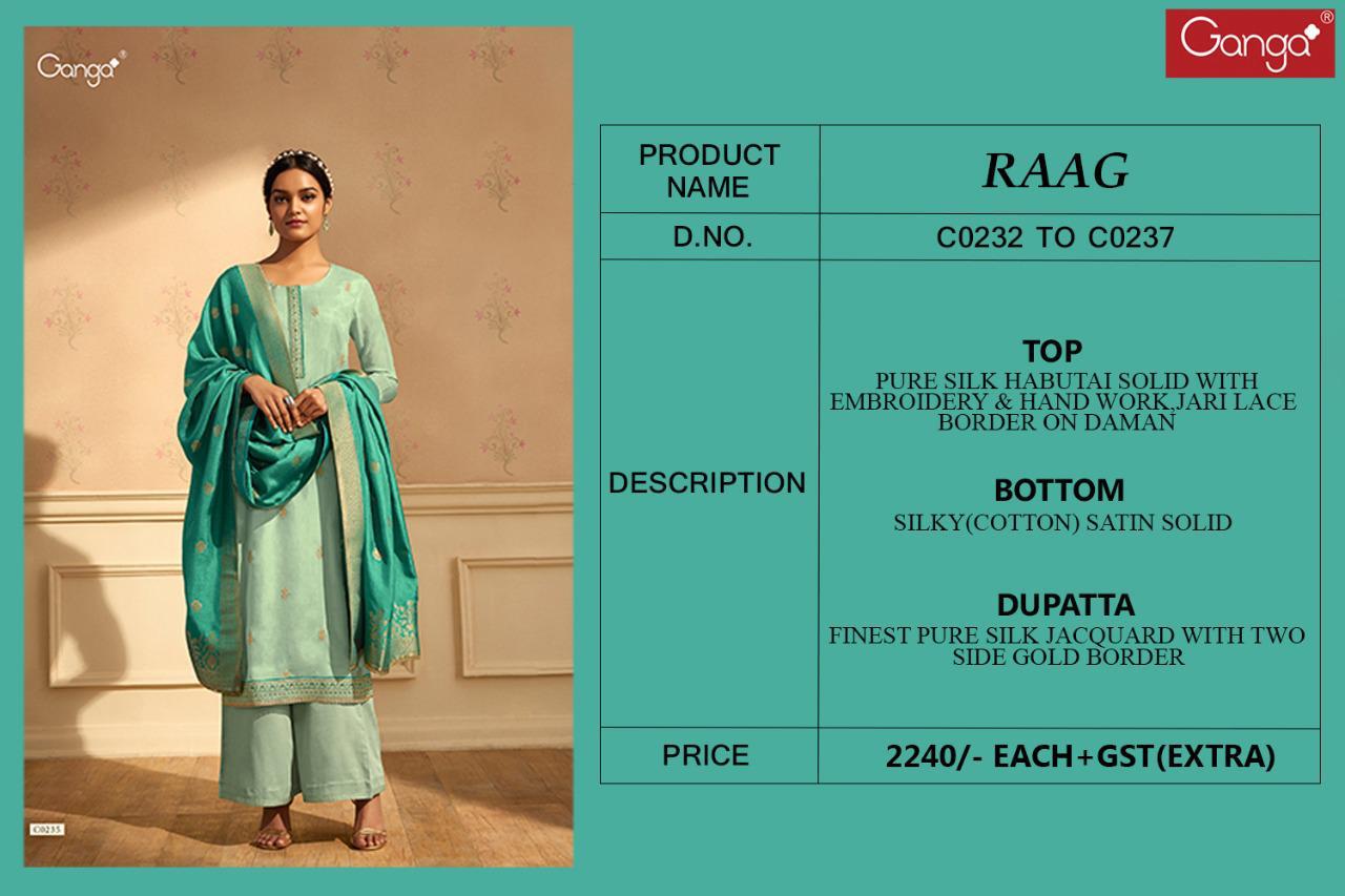 Ganga Presents Raag Pure Silk With Habutai With Embroidery And Handwork Designer Salwar Suit Catalogue Wholesaler