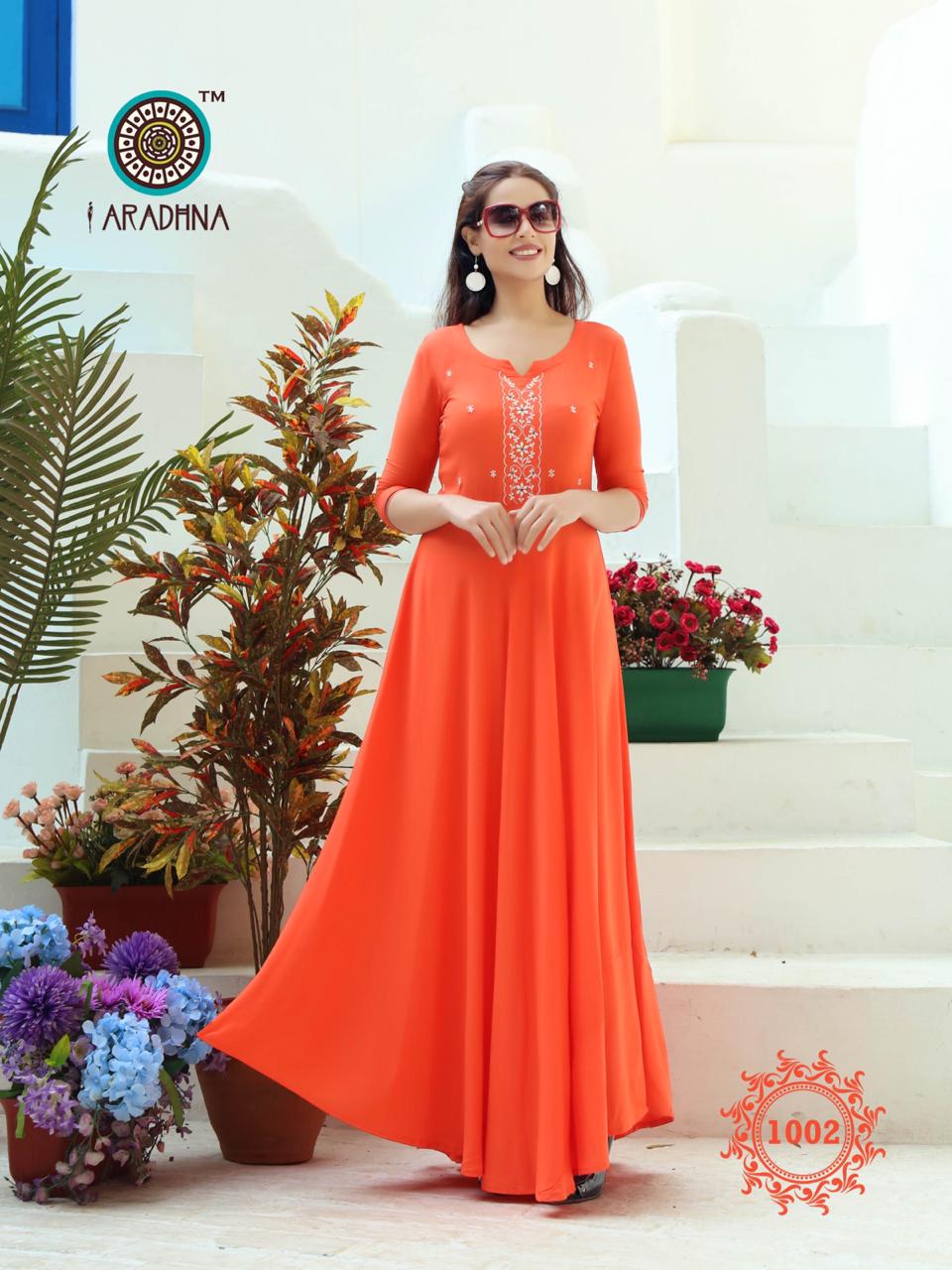 Aradhna Kurtis Presents Fabulous Vol-1 Heavy Rayon With Embroidery Work Gown Style Long Kurtis Catalog Wholesaler