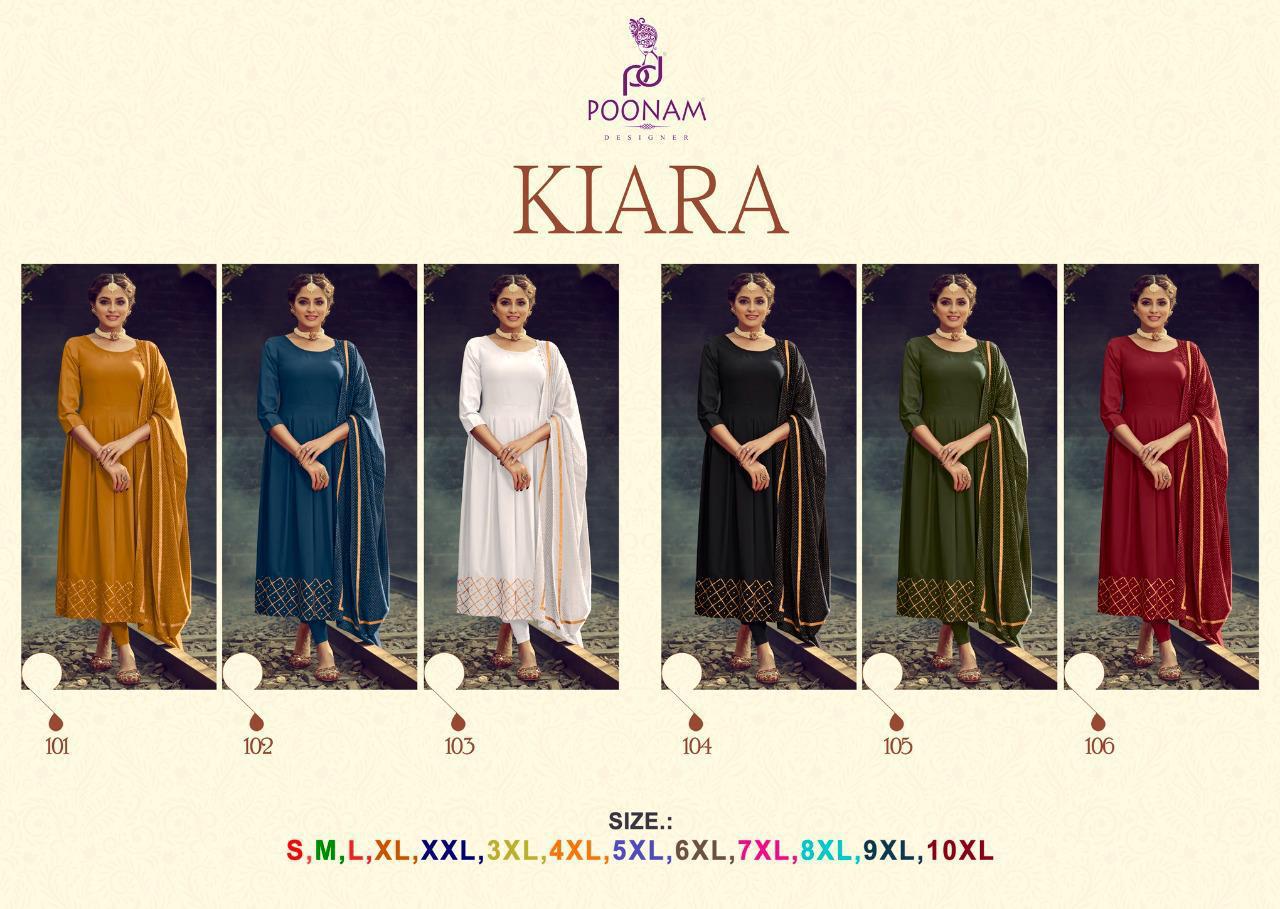 Poonam Presenta Kiara Rayon Foil Printed Anarkali Style Big Size Kurtis Catalog Wholesaler And Exporters