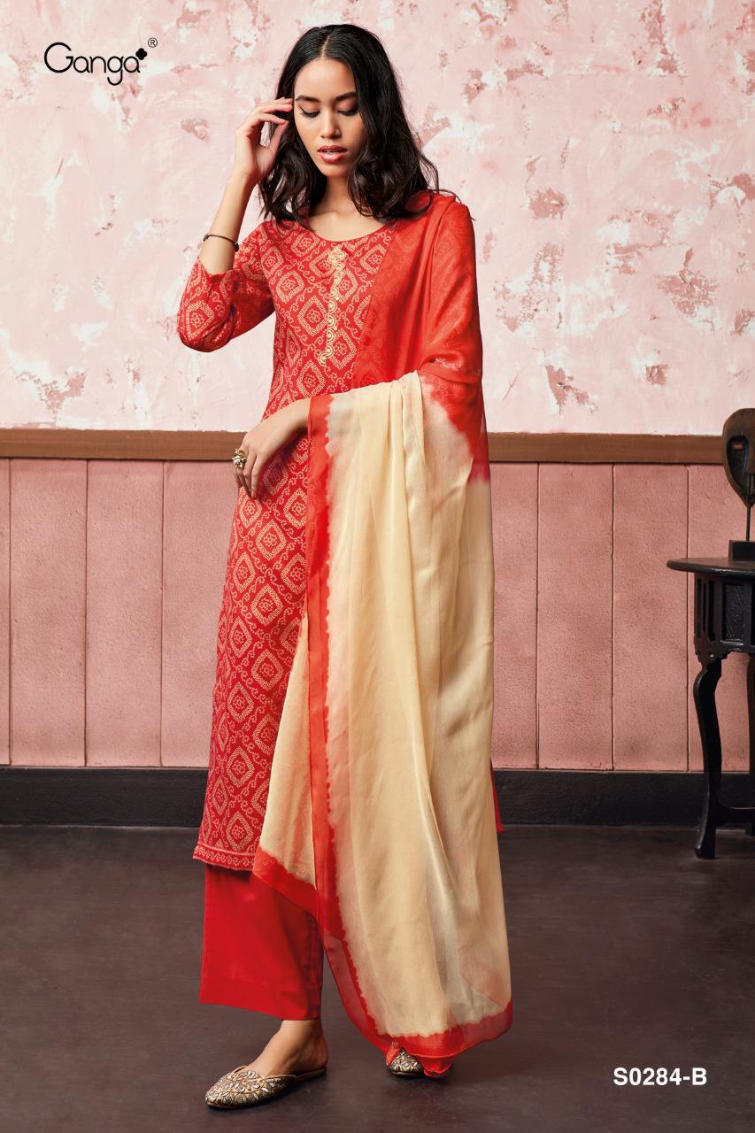 Ganga Presents Misty-284 Designer Cotton Satin Printed With Embroidery Work Plazzo Style Salwar Suit Catalog Wholesaler