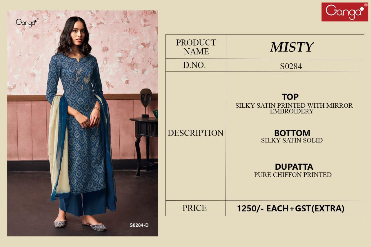 Ganga Presents Misty-284 Designer Cotton Satin Printed With Embroidery Work Plazzo Style Salwar Suit Catalog Wholesaler