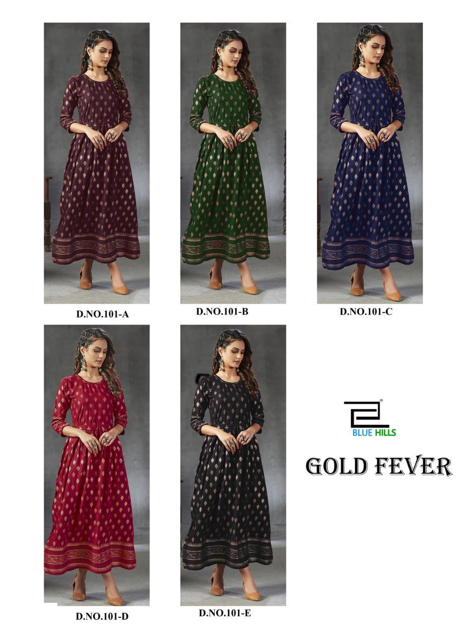 Blue Hills Presents Gold Fever Designer Fancy Rayon Gown Style Kurtis Catalog Wholesaler