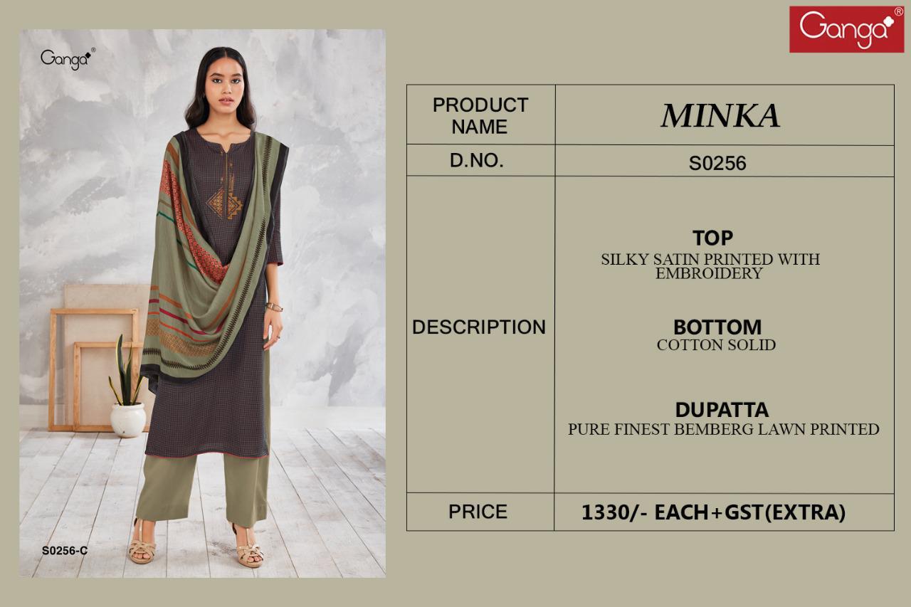 Ganga Presents Minka 256 Cotton Satin With Embroidery Work Plazzo Style Salwar Suits Catalog Wholesaler And Exporters