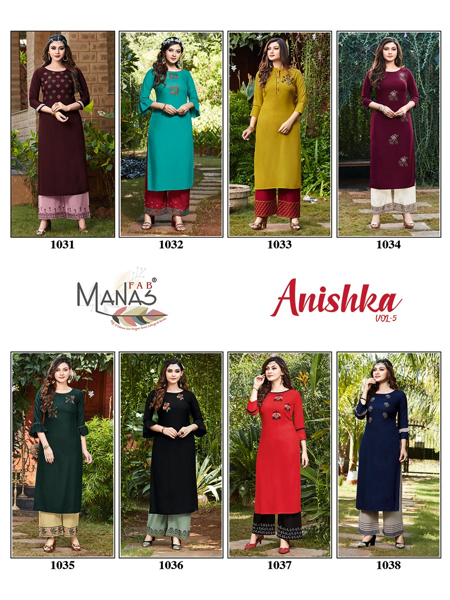 Manas Presents Anishka Vol-5 Rayon Beautiful Designer Kurtis With Plazzo Cataloge