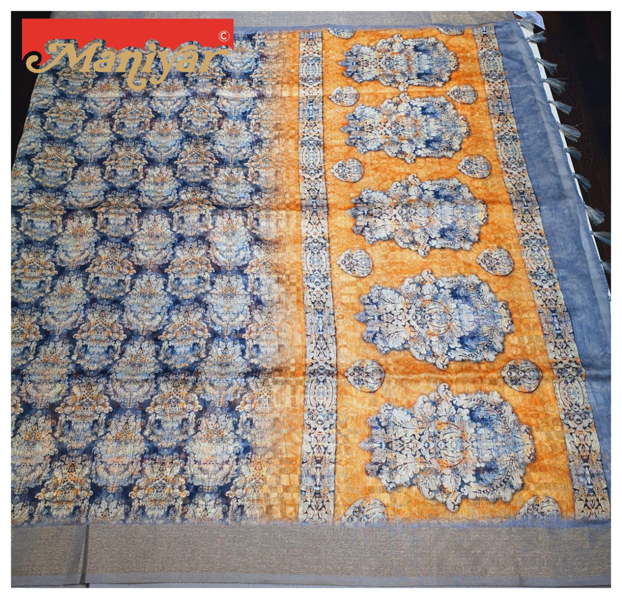 Maniyar Presents Silk Museum Digital Printing Of Ethnic Motifs On Linen With Jacquard Border Concern Sarees Wholesaler And Exporters