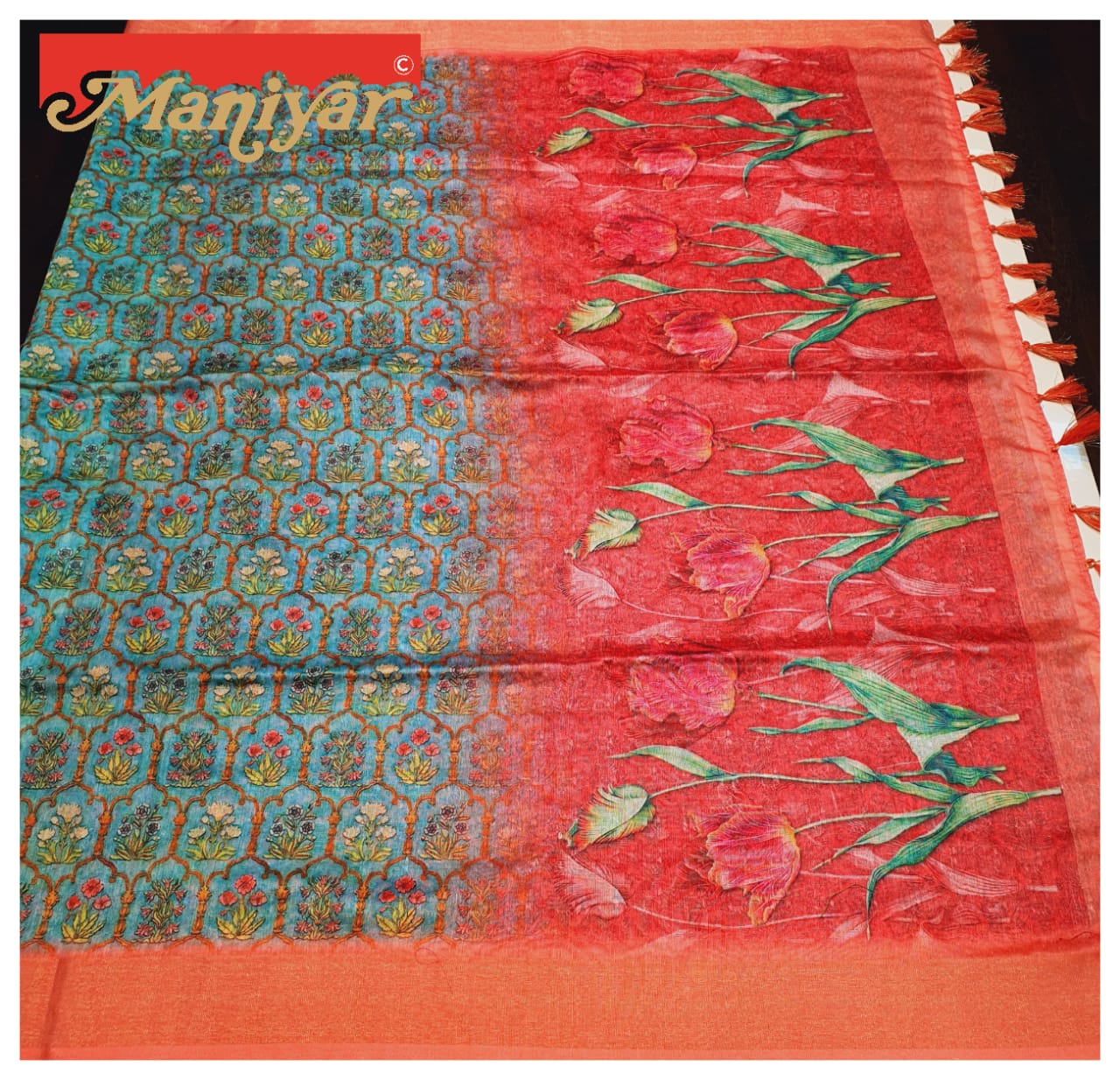 Maniyar Presents Silk Museum Digital Printing Of Ethnic Motifs On Linen With Jacquard Border Concern Sarees Wholesaler And Exporters