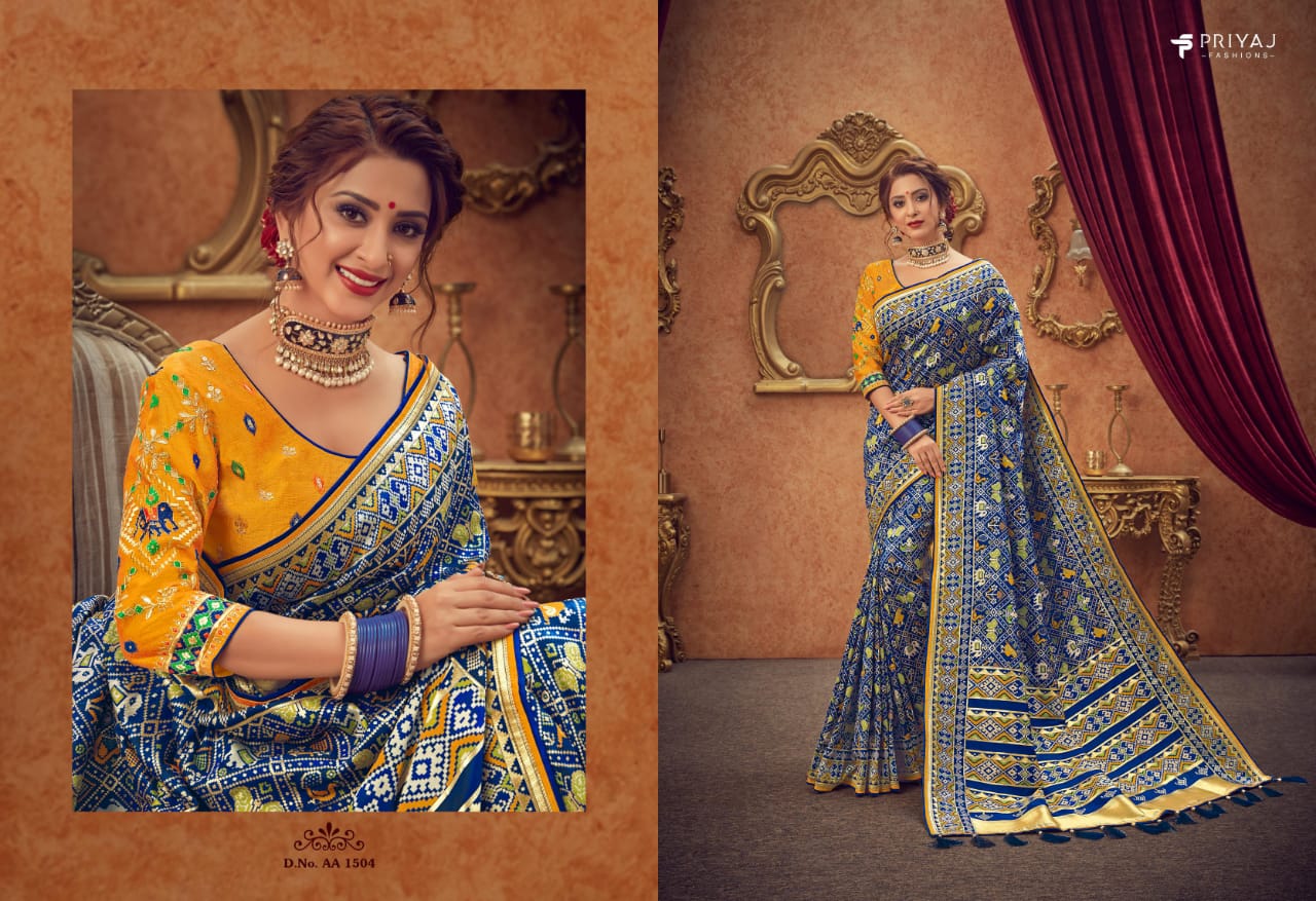 Priyaj Fashion Presents Rajgharana 1503 To 1514 Series Bridna Designer Wedding Wear Indian Patola And Bandhani Style Sarees Catalog Wholesaler