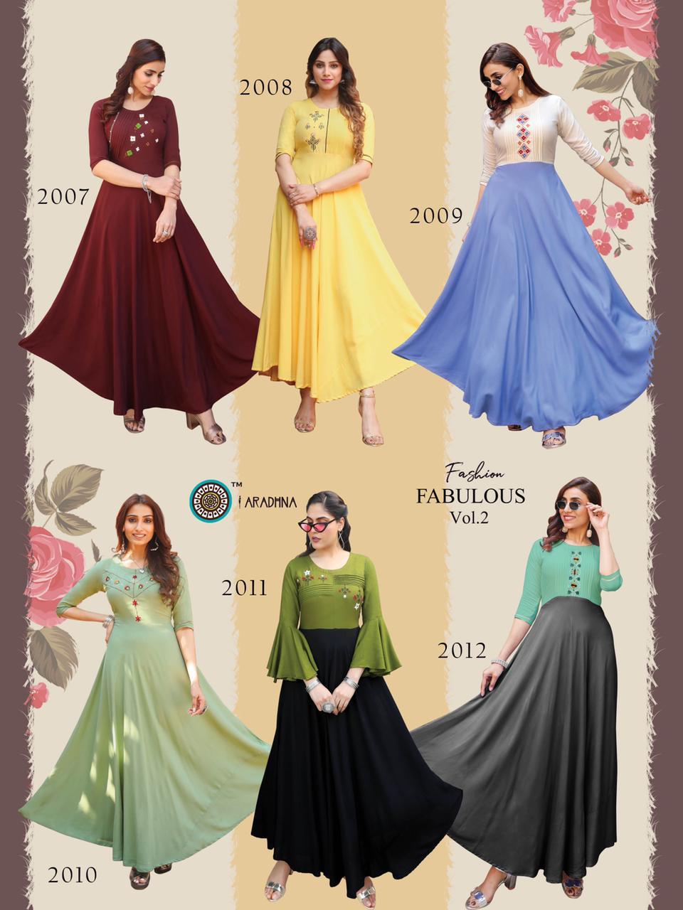 Aradhna Kurtis Presents Fashion Fabulous Vol-2 Heavy Rayon Embroidery Work Long Gown Style Kurtis Catalog Wholesaler