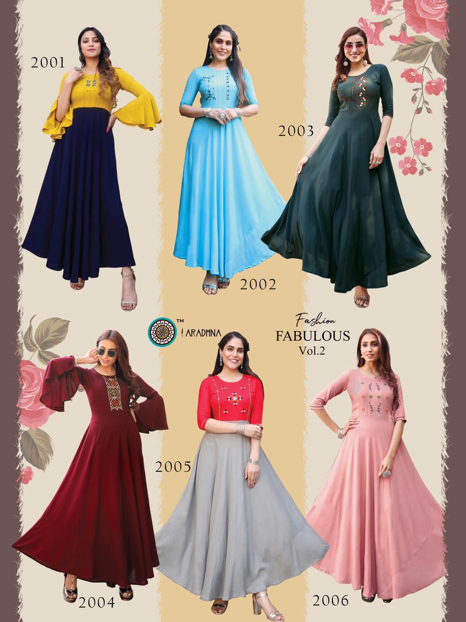 Aradhna Kurtis Presents Fashion Fabulous Vol-2 Heavy Rayon Embroidery Work Long Gown Style Kurtis Catalog Wholesaler