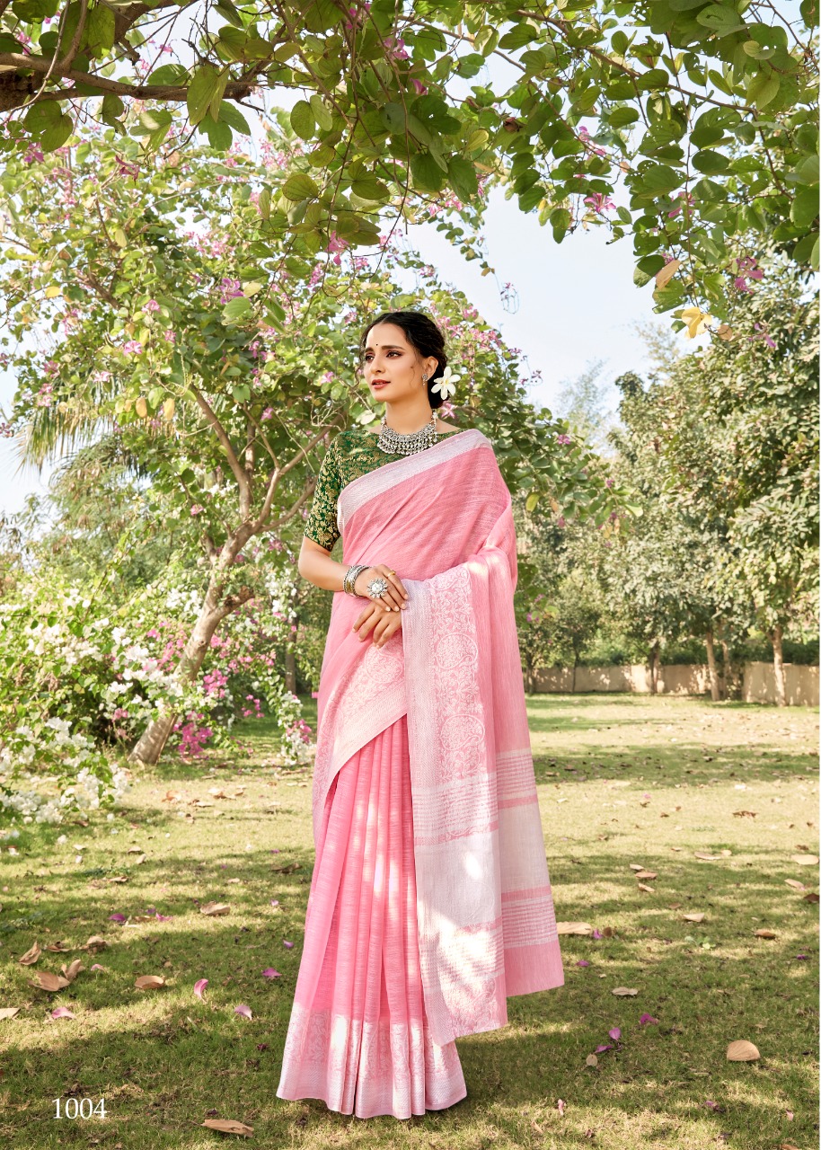 Rajyog Presents Aavahan Soft Linen With Lucknowi Weaving Concept Fancy Sarees Catalogue Wholesaler