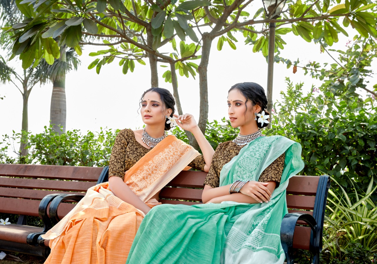 Rajyog Presents Aavahan Soft Linen With Lucknowi Weaving Concept Fancy Sarees Catalogue Wholesaler