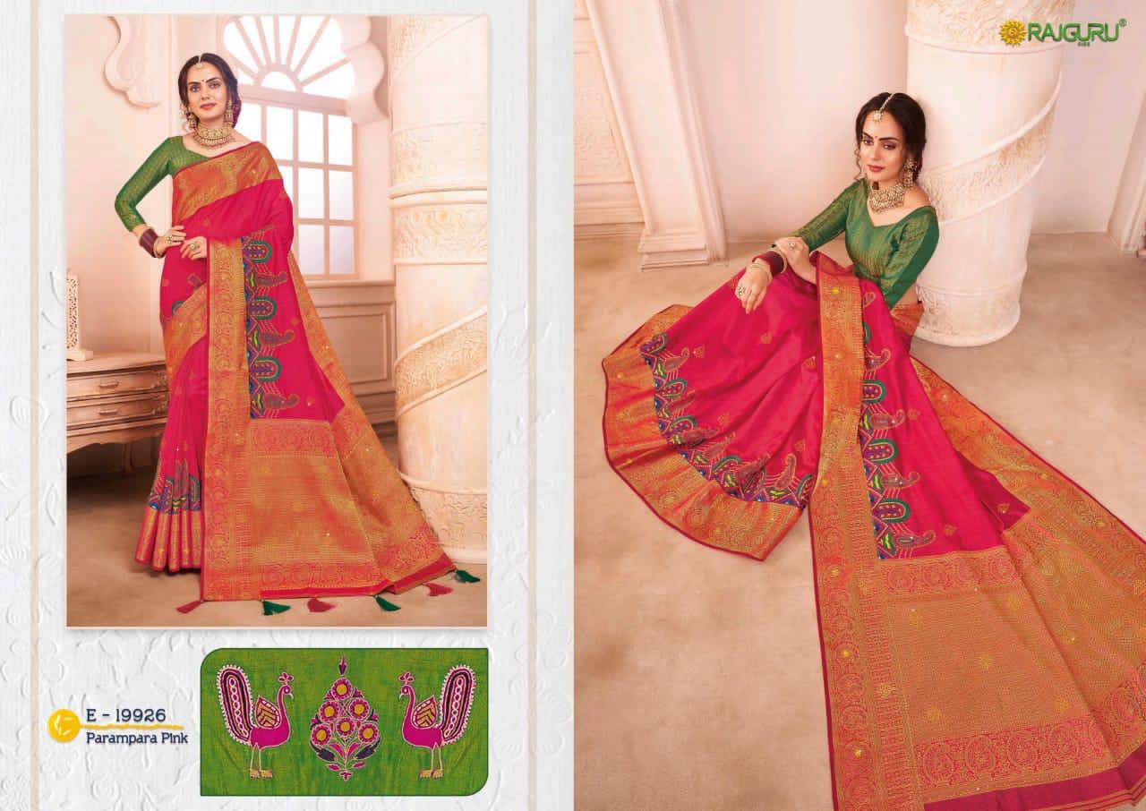 Rajguru Presents Parampara Pink Elegant Looks Designer Silk Embroidery Work Sarees Catalogue Wholesaler