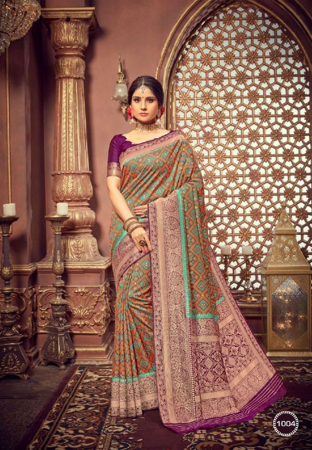 Takshaya Presents Apsara Dola Silk With Ikkat And Golden Zari Fancy Designer Silk Sarees Catalog Wholesaler