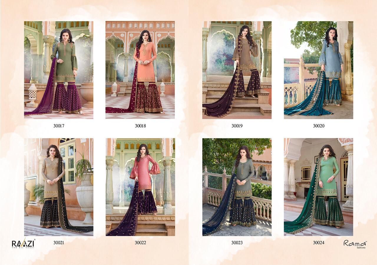 Rama Fashion Presents Razi 30017 To 30024 Designer Exclusive Pakistani Style Sharara Collection At Wholesale