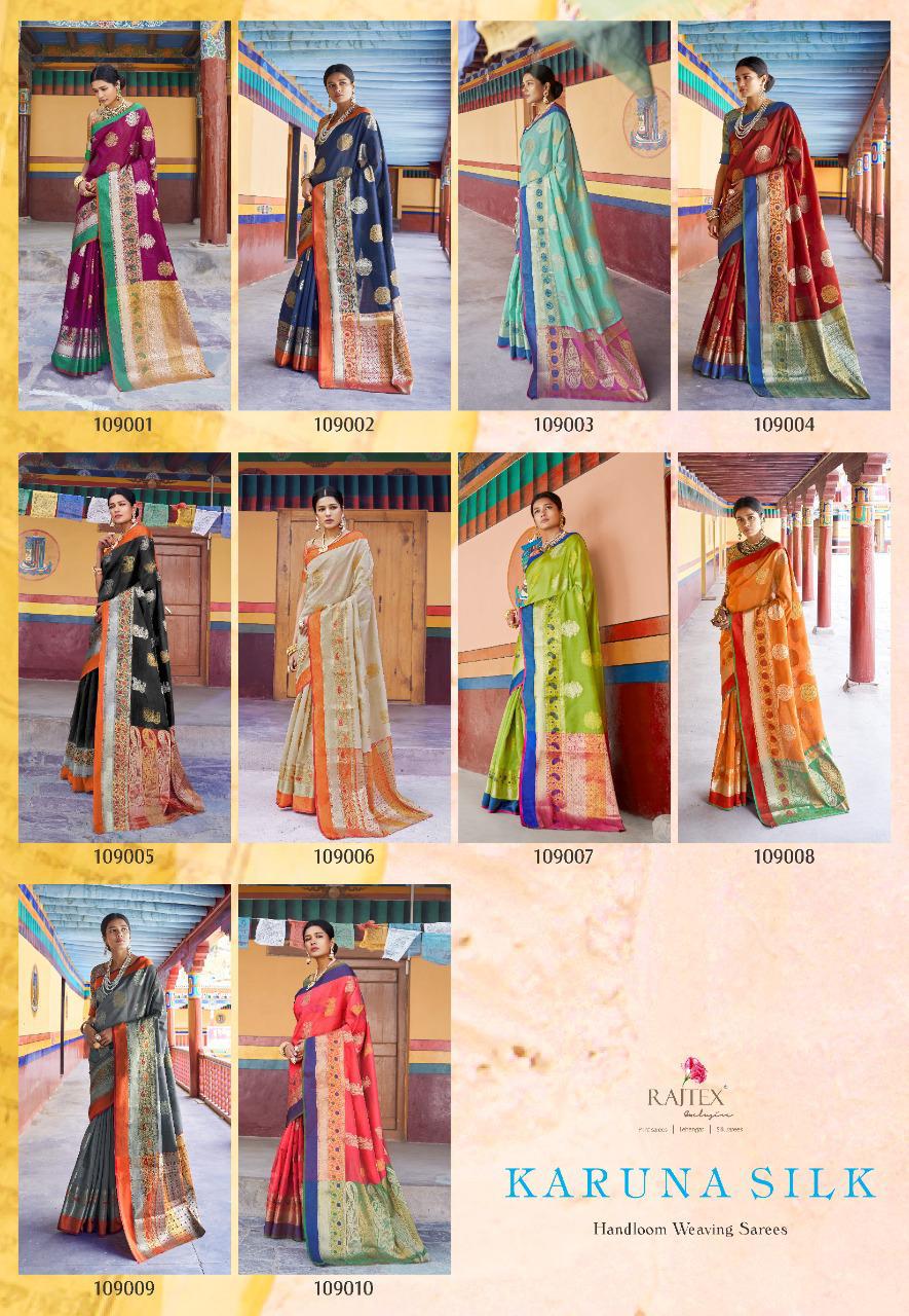 Rajtex Presents Karuna Silk Krystal Sona Chandi Satin Patta Border Sarees Catalog Wholesaler