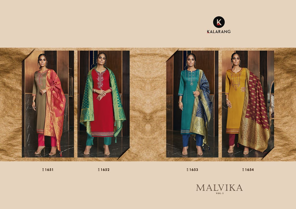 Kalarang Presents Malvika Vol-3 Jam Silk Cotton With Embroidery Work Salwar Suit Wholesaler