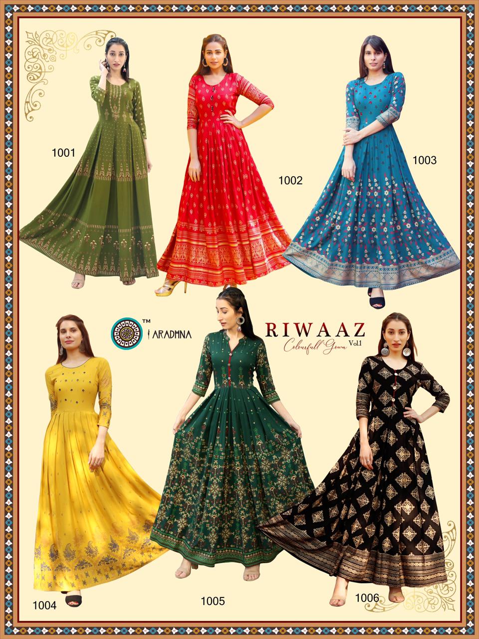 Aradhna Presents Riwaaz Vol-1 Heavy Rayon Fancy Designer Gown Style Kurtis Catalog
