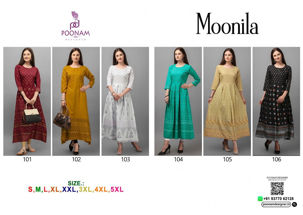 Poonam Presents Moonila Rayon Long Designer Kurtis Catalog Wholesaler