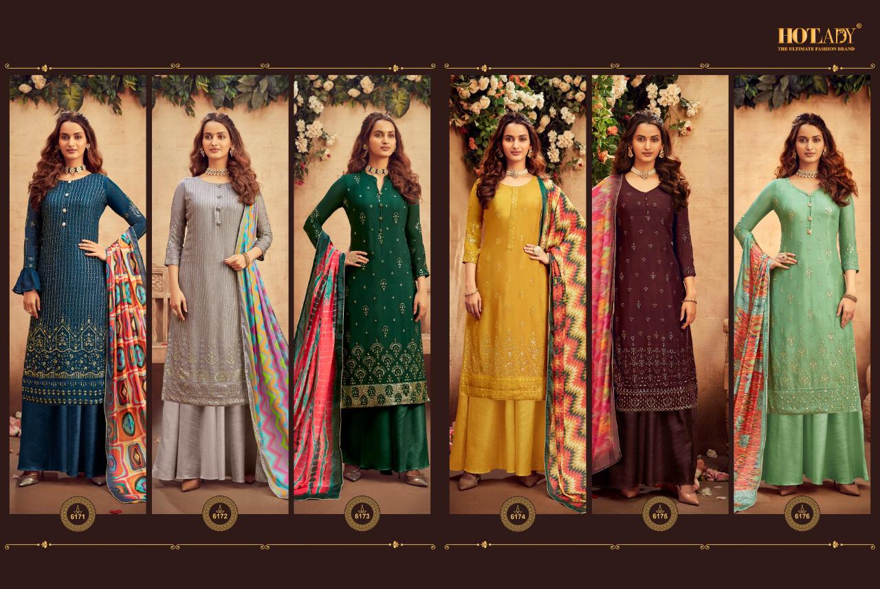 Hotlady Presents Suraiya 6171 To 6176 Series Emboirdery Work Pure Viscose Chinon Plazzo Style Salwar Suit Catalog Wholesaler