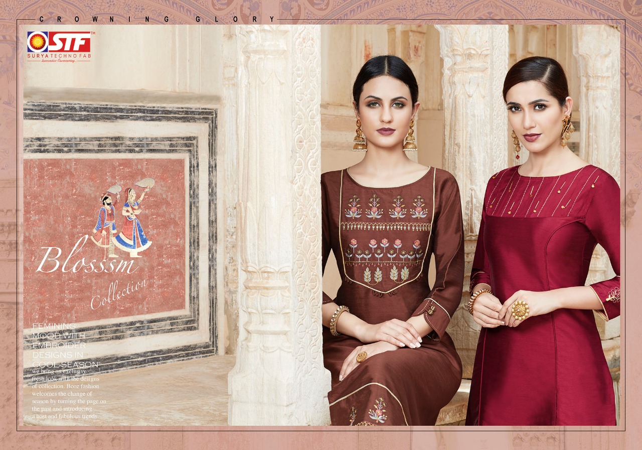 Stf Presents Aakruti Straight Silk Based Embroidered Kurti With Pants Collection