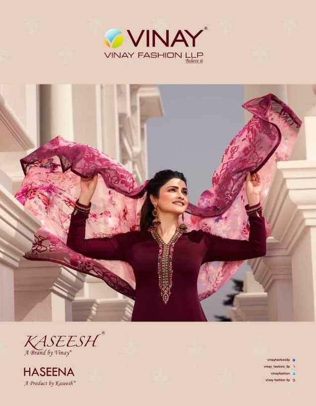 Vinay Presents Kaseesh Haseena Prachy Desai Bollywood Style Tusser Satin Top With Embroidery Work And Digital Printed Dupatta Party Wear Plazzo Style Salwar Suit Catalog