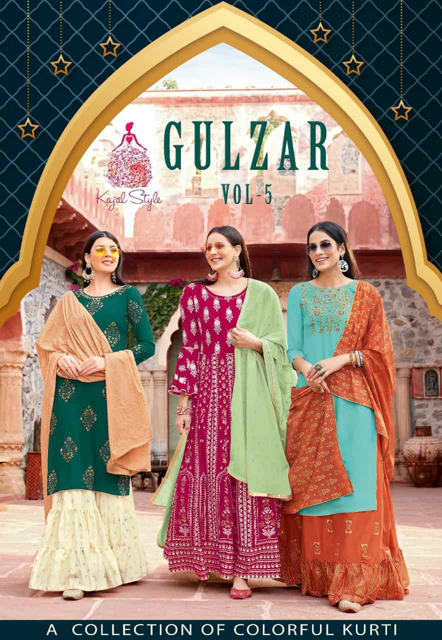 Kajal Style Presents Gulzar Vol-5 Rayon Kurtis With Plazzo, Sharara And Skirt Cataloge Collection