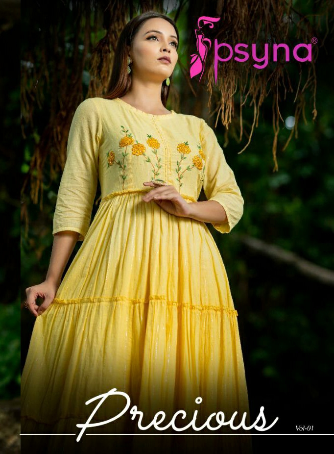 Psyna Presents Precious Exclusive Designer Cotton Lurex Gown Style Kurtis Catalog Wholesaler