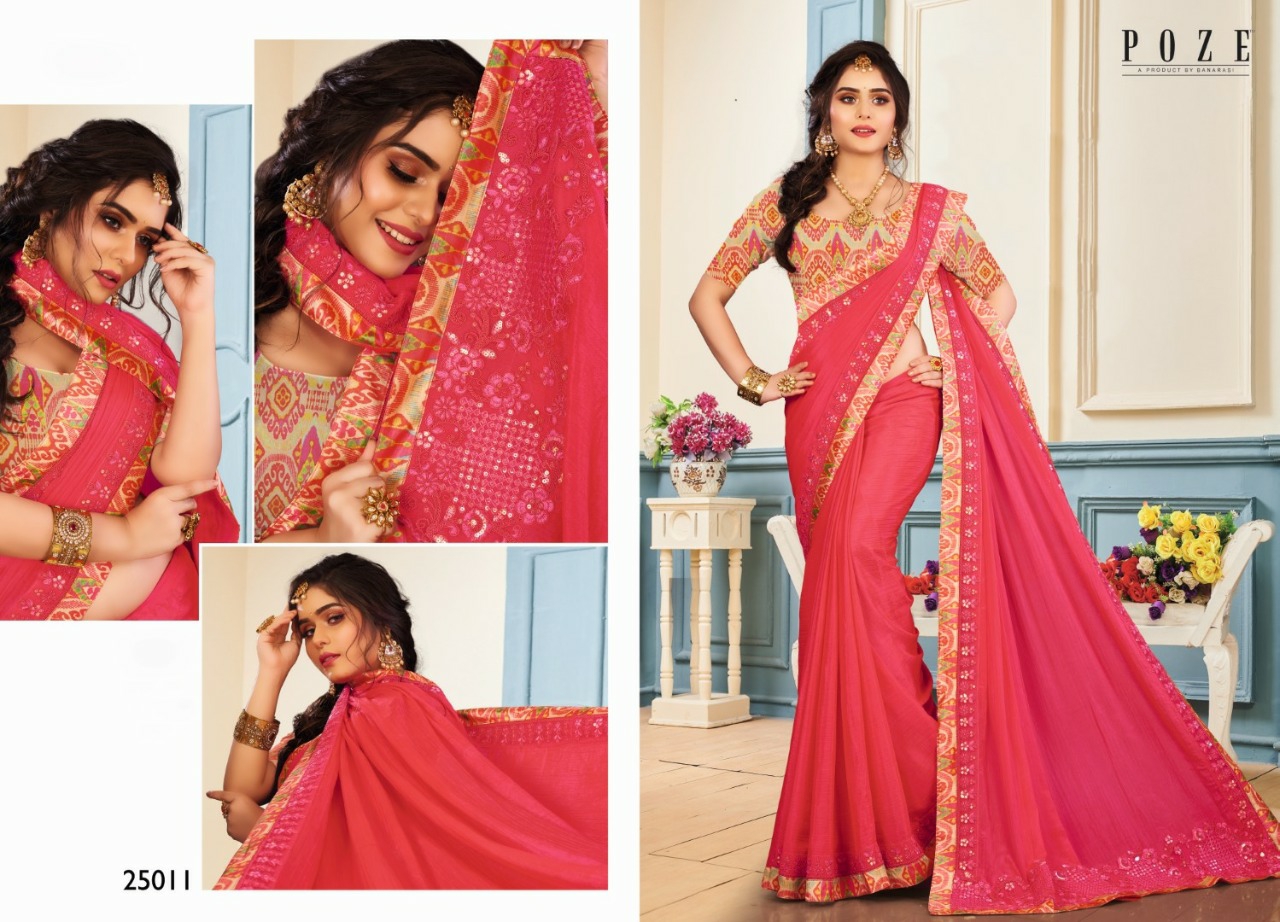 Patang Sarees Presents Poze Victoria Fancy Embroidery Work With Digital Border Sarees Cataloge Collection