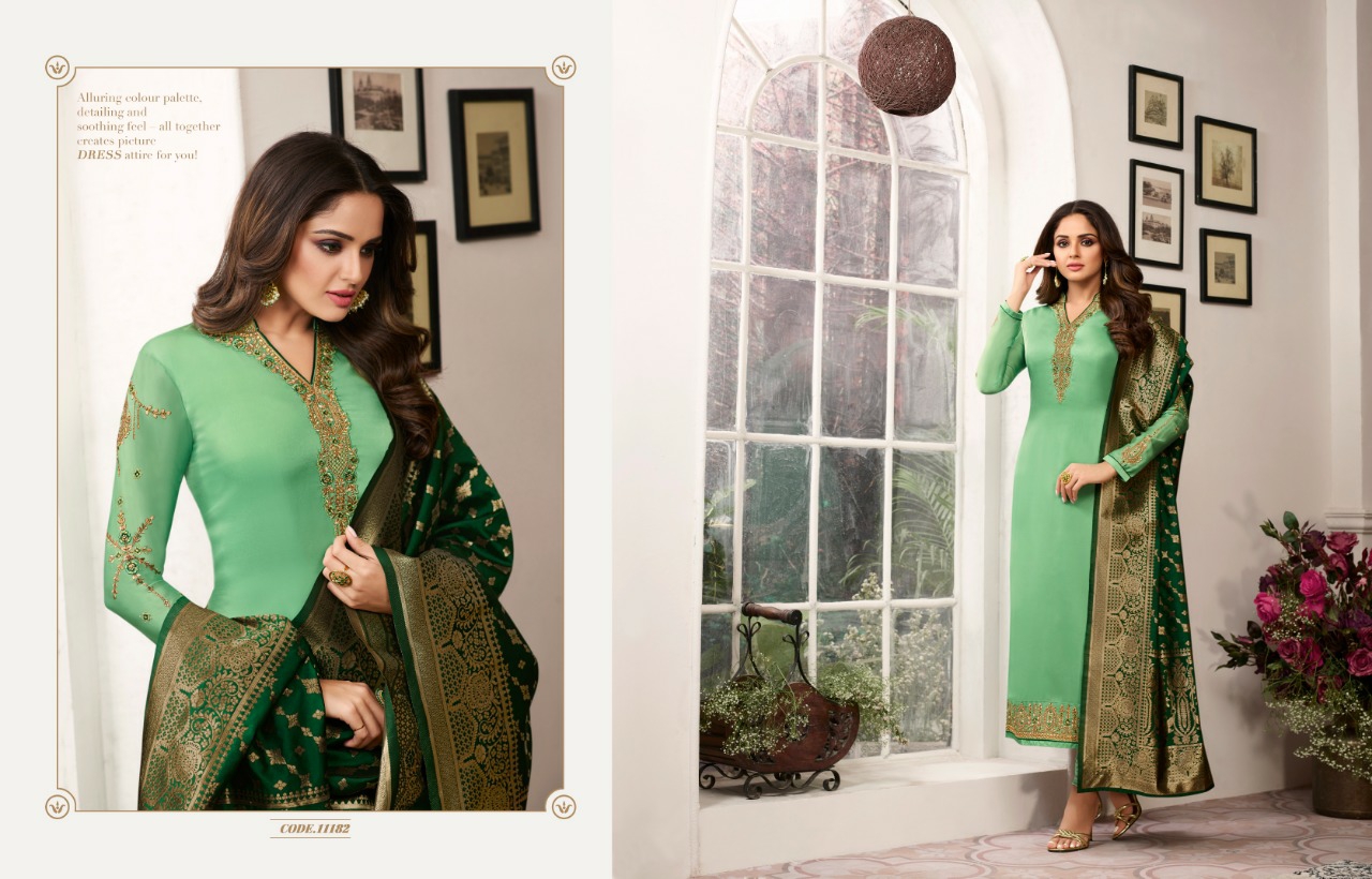 Meera Trendz Presents Zisa Banarasi Vol-6 Hit List Satin Georgette Exclusive Designer Partywear Straight Salwar Suite Wholesaler