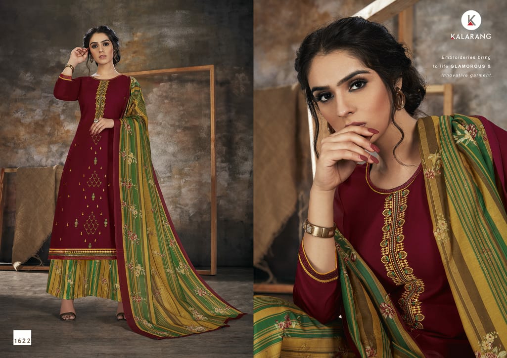 Kalarang Presents Bindiya Jam Satin Embroidery Work Plazzo Salwar Suit Wholesaler